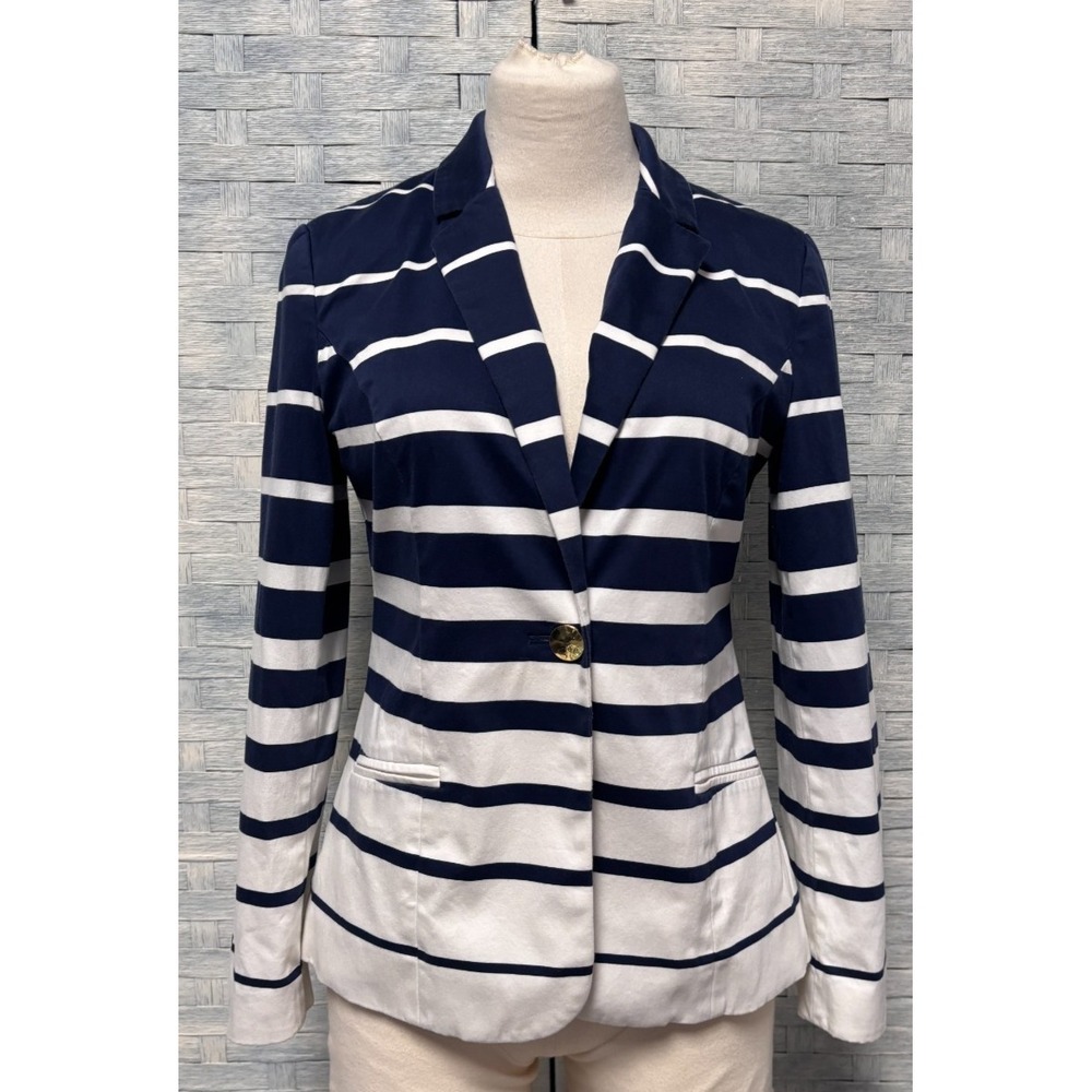 Cynthia Cynthia Rowley Womens 6 Blazer Navy White Striped Nautical Gold Button